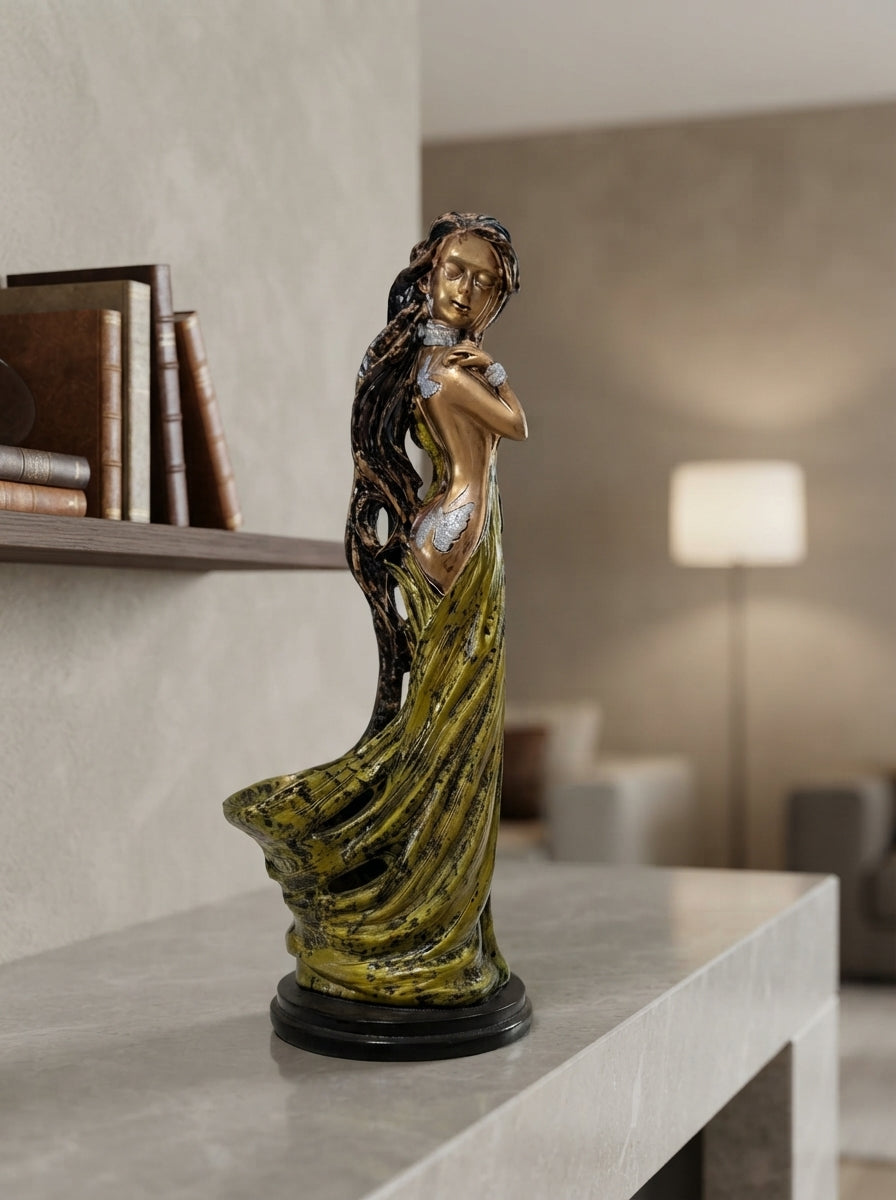 Woman Figurine Vase Statue 18.5" | Bronze Gold Flowing Gown Decor