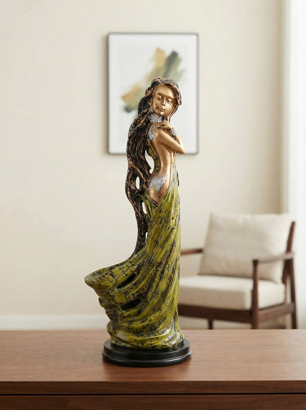 Woman Figurine Vase Statue 18.5" | Bronze Gold Flowing Gown Decor