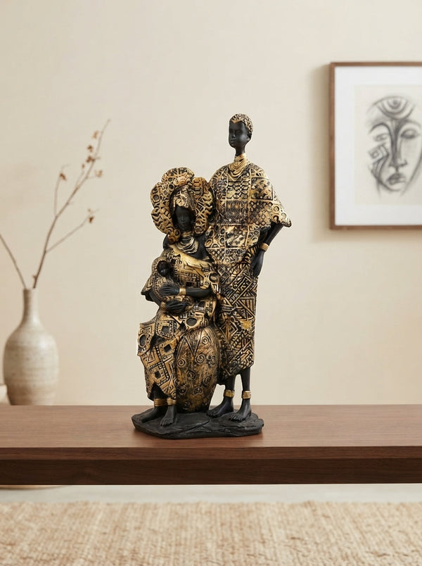 African Couple Statue | Black Gold Tribal Figurine Decor
