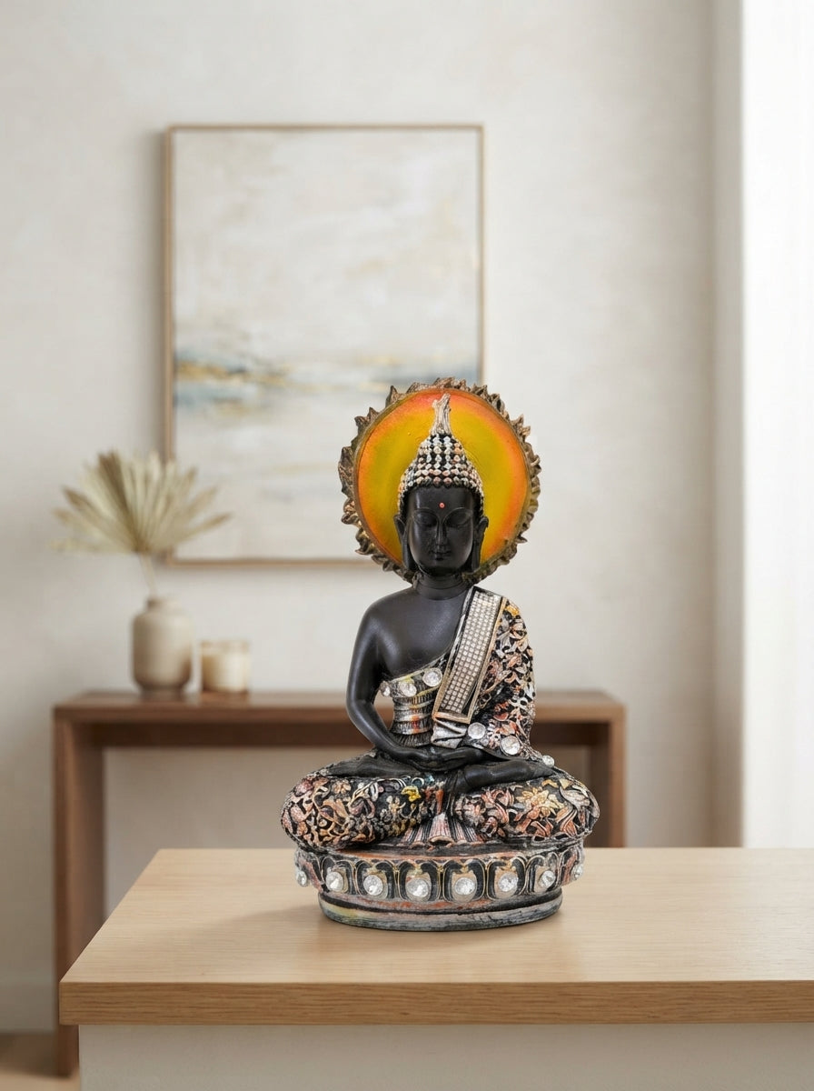 Buddha Statue Amber Halo | Black Silver Crystal Decor