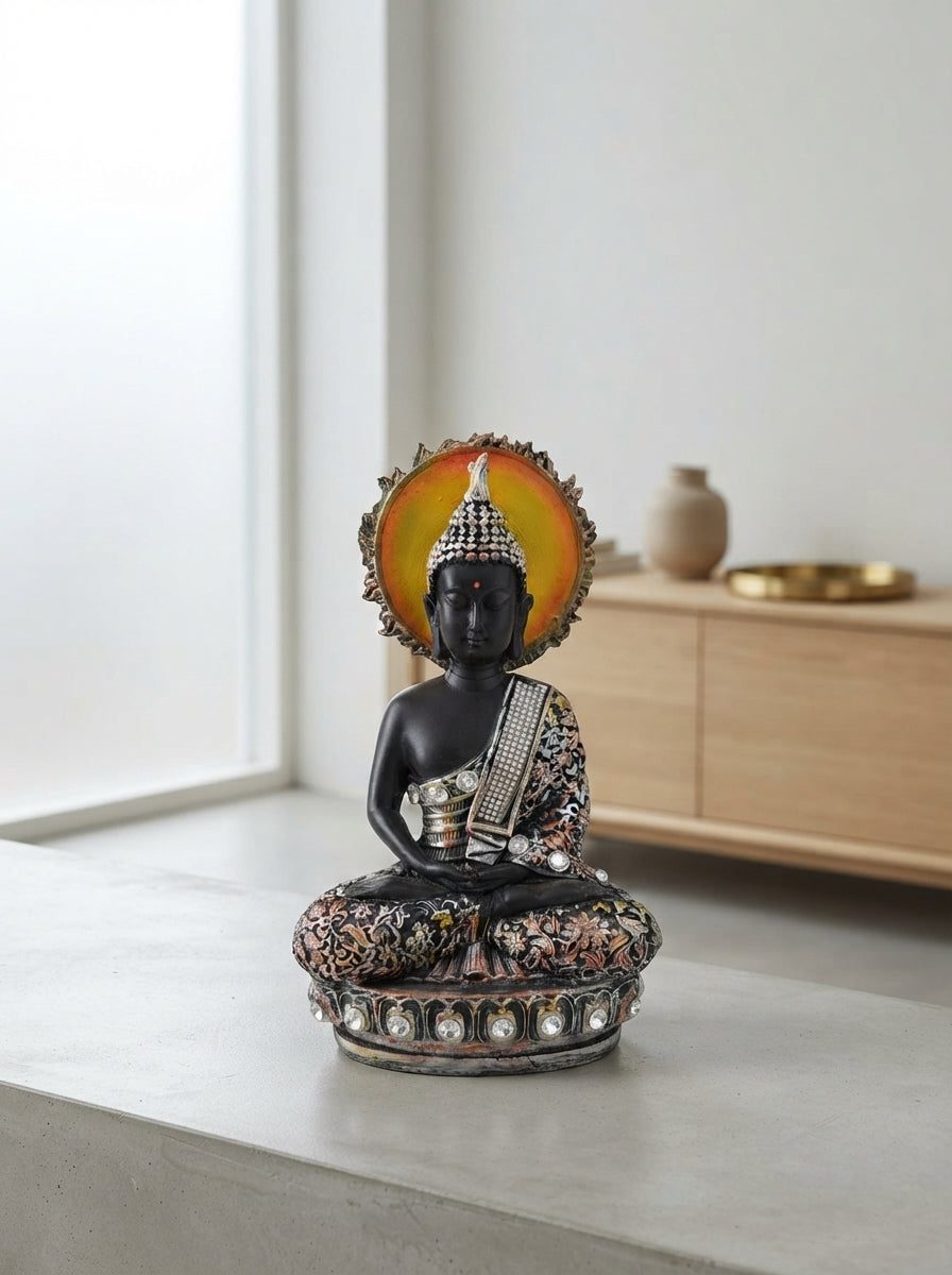 Buddha Statue Amber Halo | Black Silver Crystal Decor
