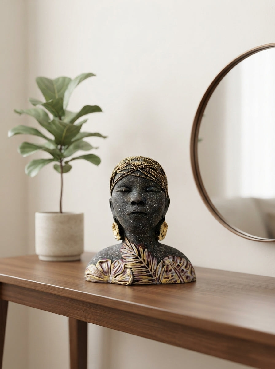 African Woman Bust Statue | Black Gold Speckled Figurine