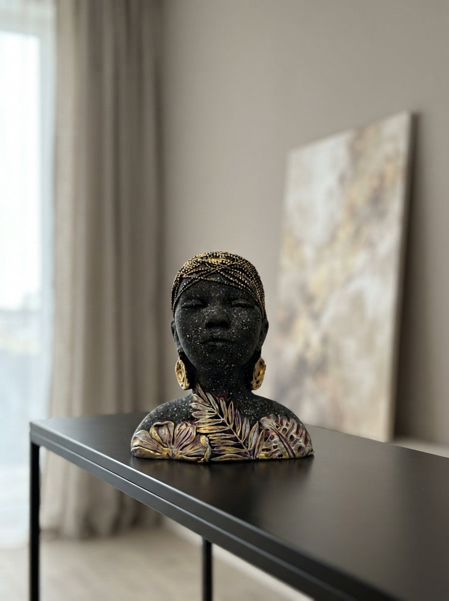 African Woman Bust Statue | Black Gold Speckled Figurine