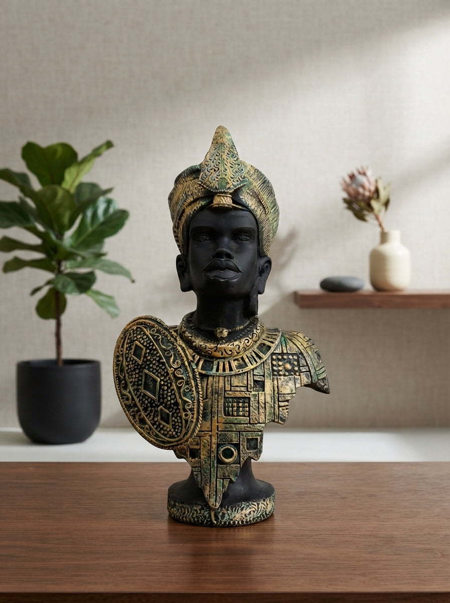 African King Bust Statue | Black Gold Warrior Figurine