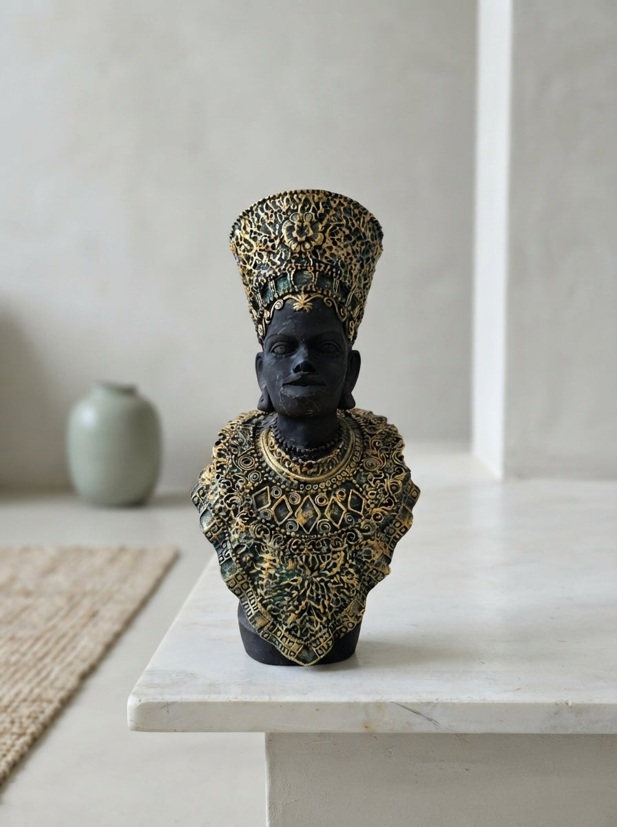 African Queen Bust Statue | Black Gold Tall Crown Figurine