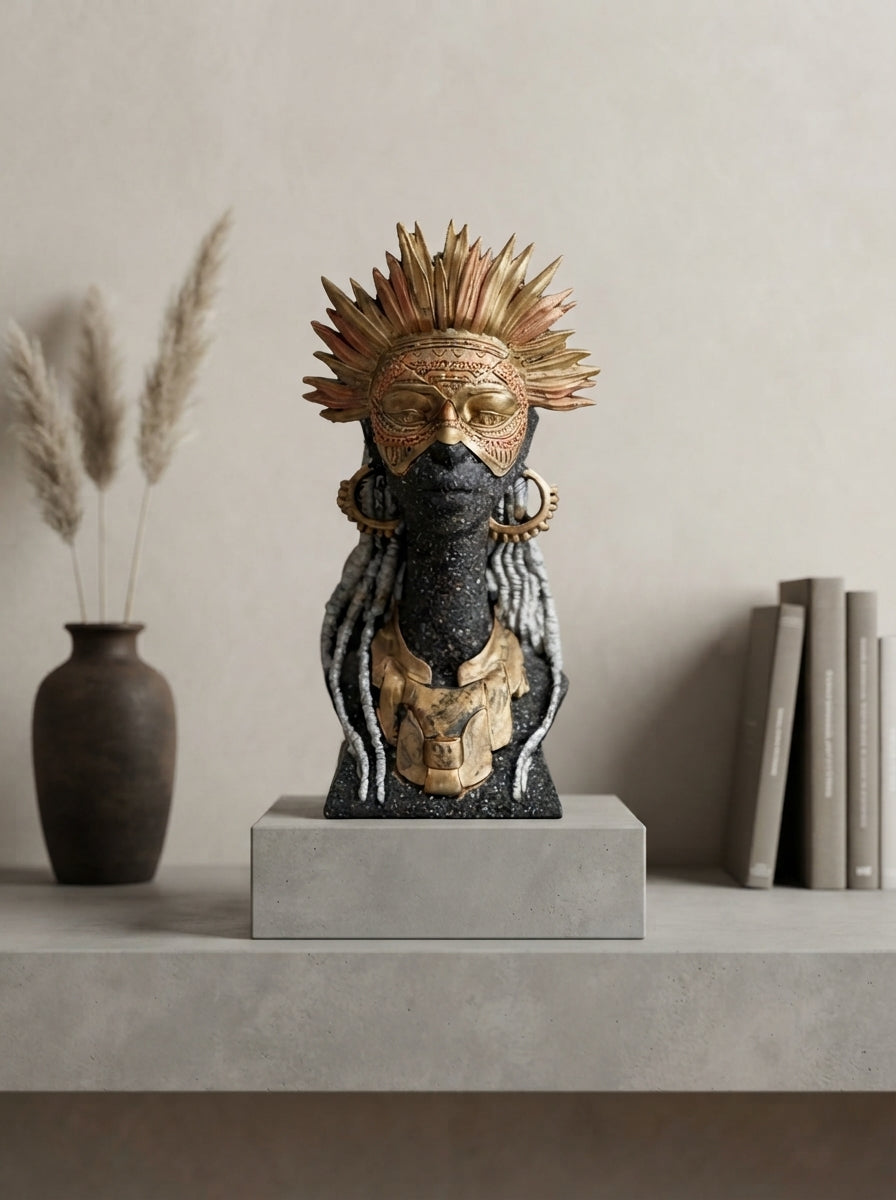 Tribal Warrior Mask Statue | Gold Copper Feather Headdress