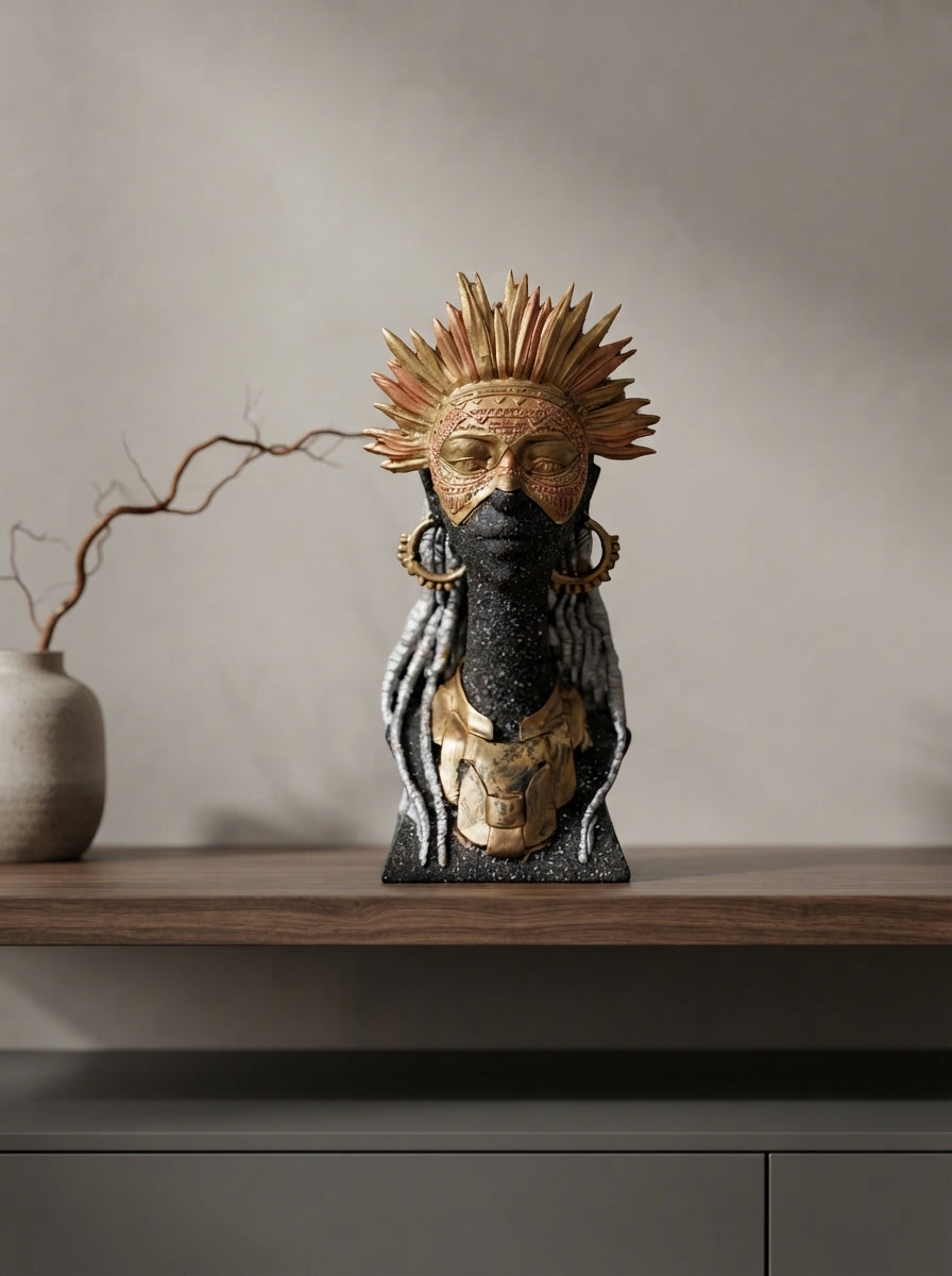 Tribal Warrior Mask Statue | Gold Copper Feather Headdress