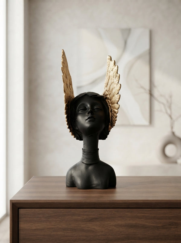 Angel Head Bust Statue 12" | Black Gold Winged Face Sculpture