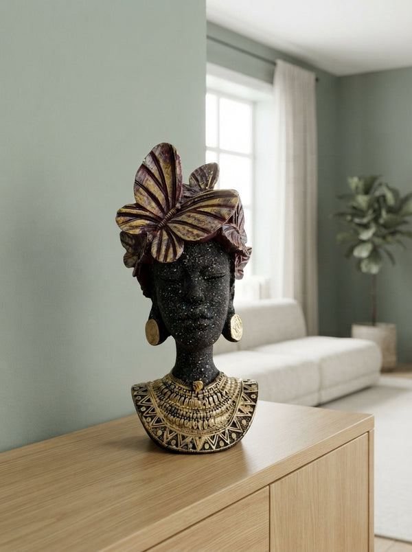 African Woman Bust Statue 9.8" | Butterfly Headdress Figurine