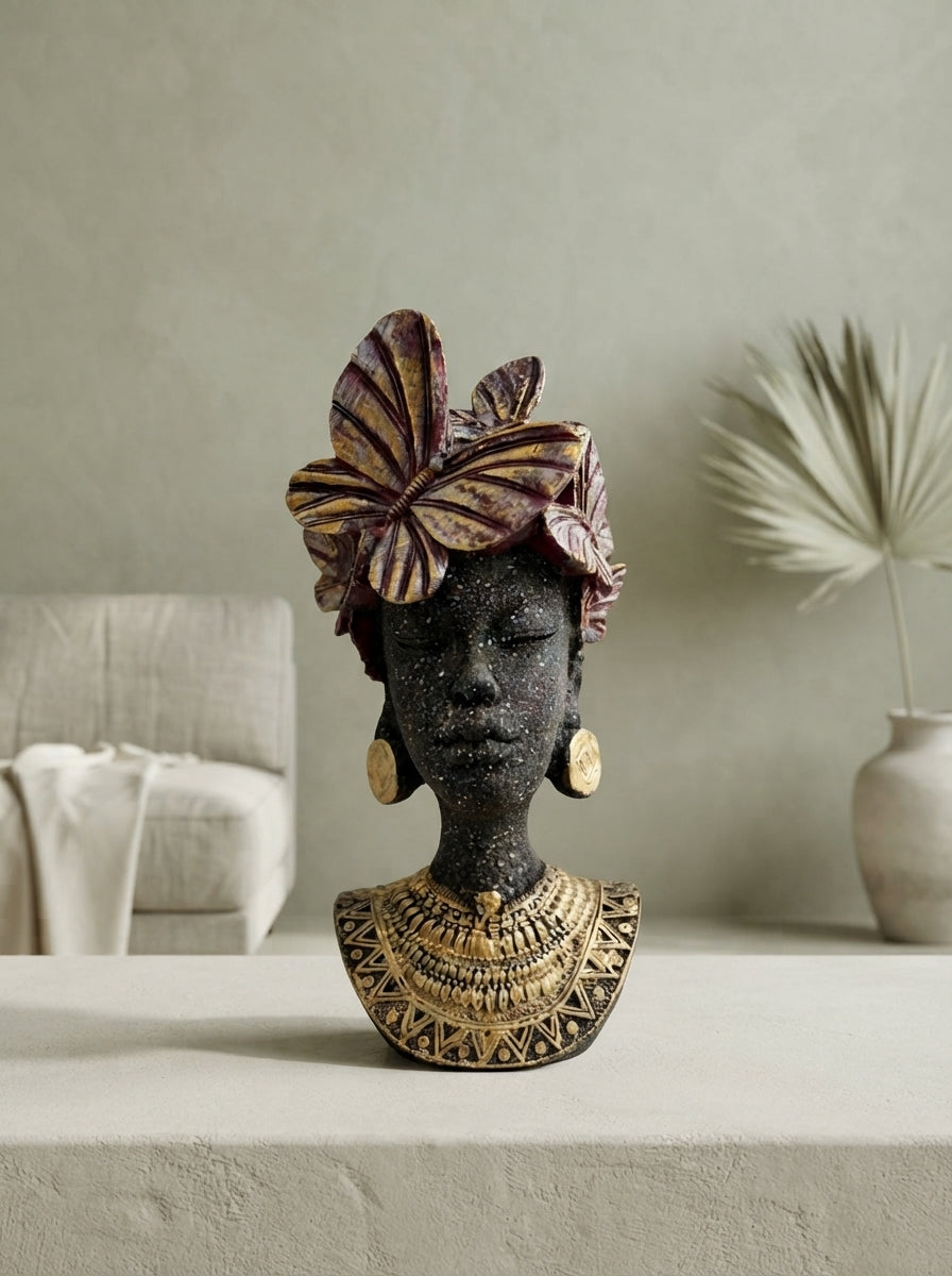 African Woman Bust Statue | Butterfly Headdress Figurine