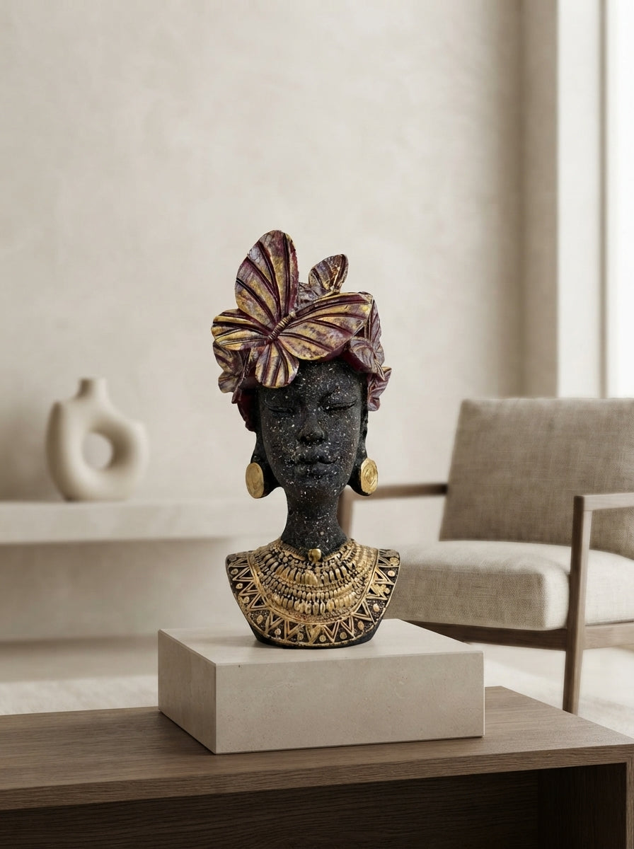 African Woman Bust Statue | Butterfly Headdress Figurine
