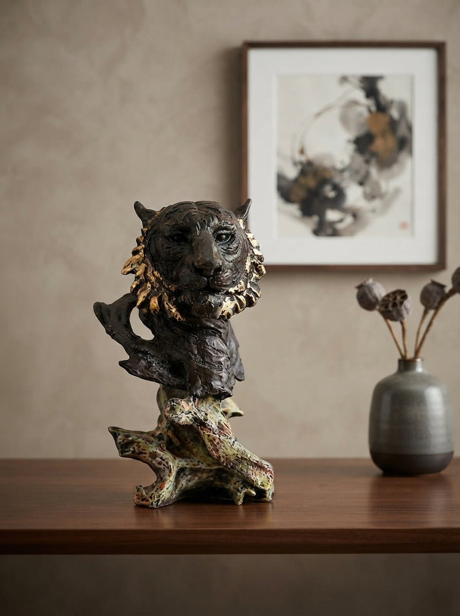 Tiger Head Bust Statue | Black Gold Wildlife Sculpture