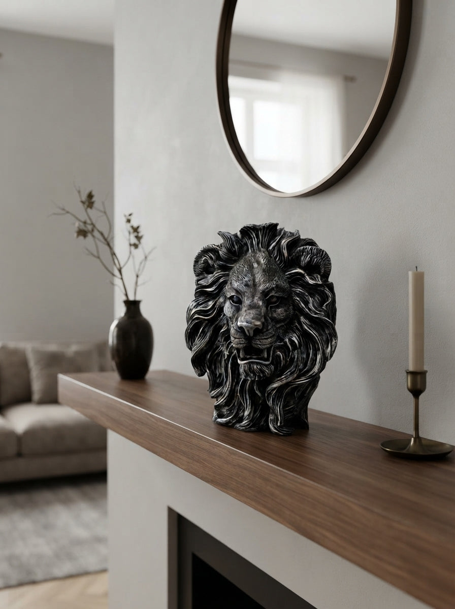 Silver Lion Head Statue with Horns | Mythical Beast Decor
