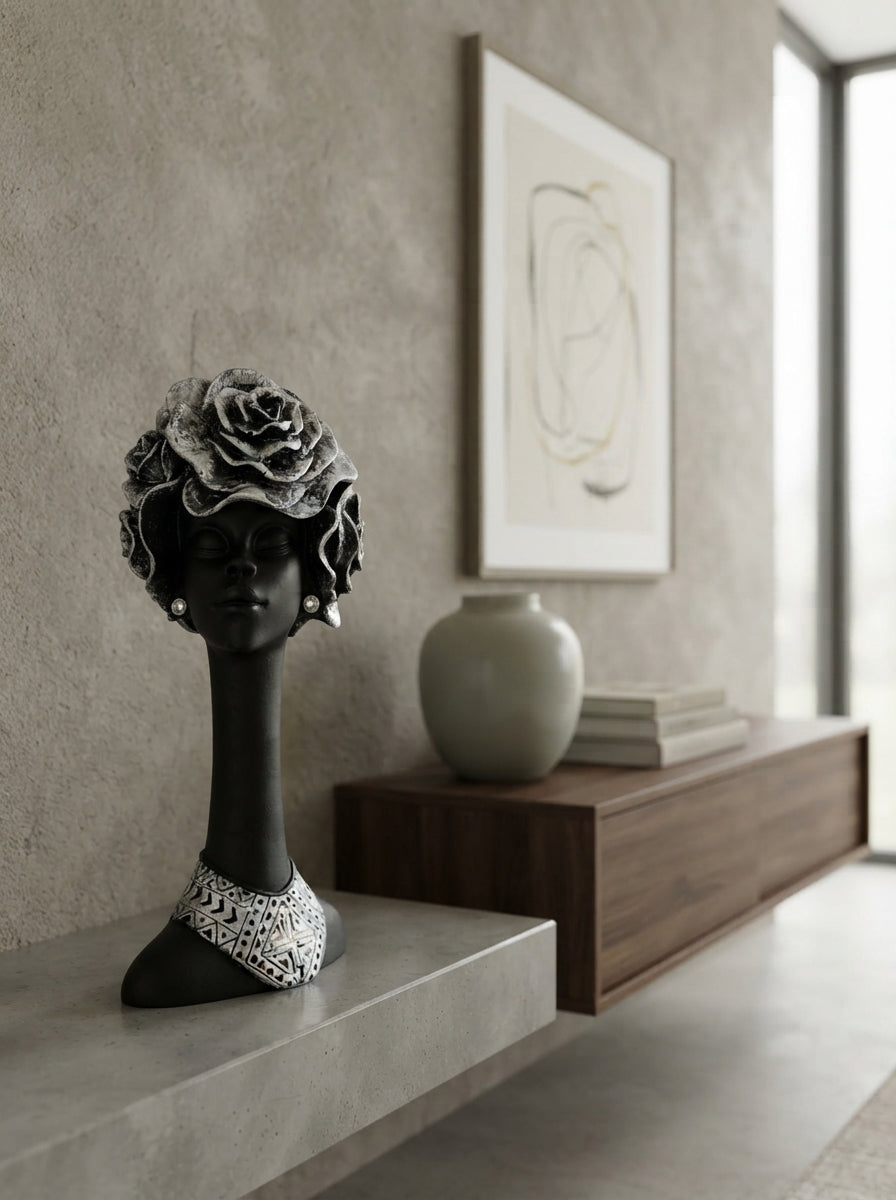 African Woman Bust Statue | Black Silver Rose Headdress