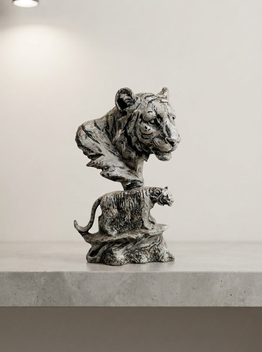Tiger Spirit Statue | Silver Black Dual Tiger Sculpture