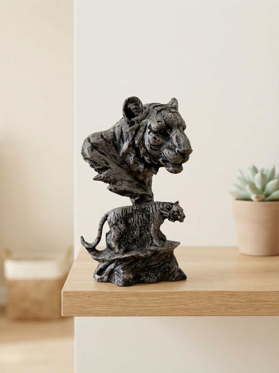 Tiger Spirit Statue | Silver Black Dual Tiger Sculpture