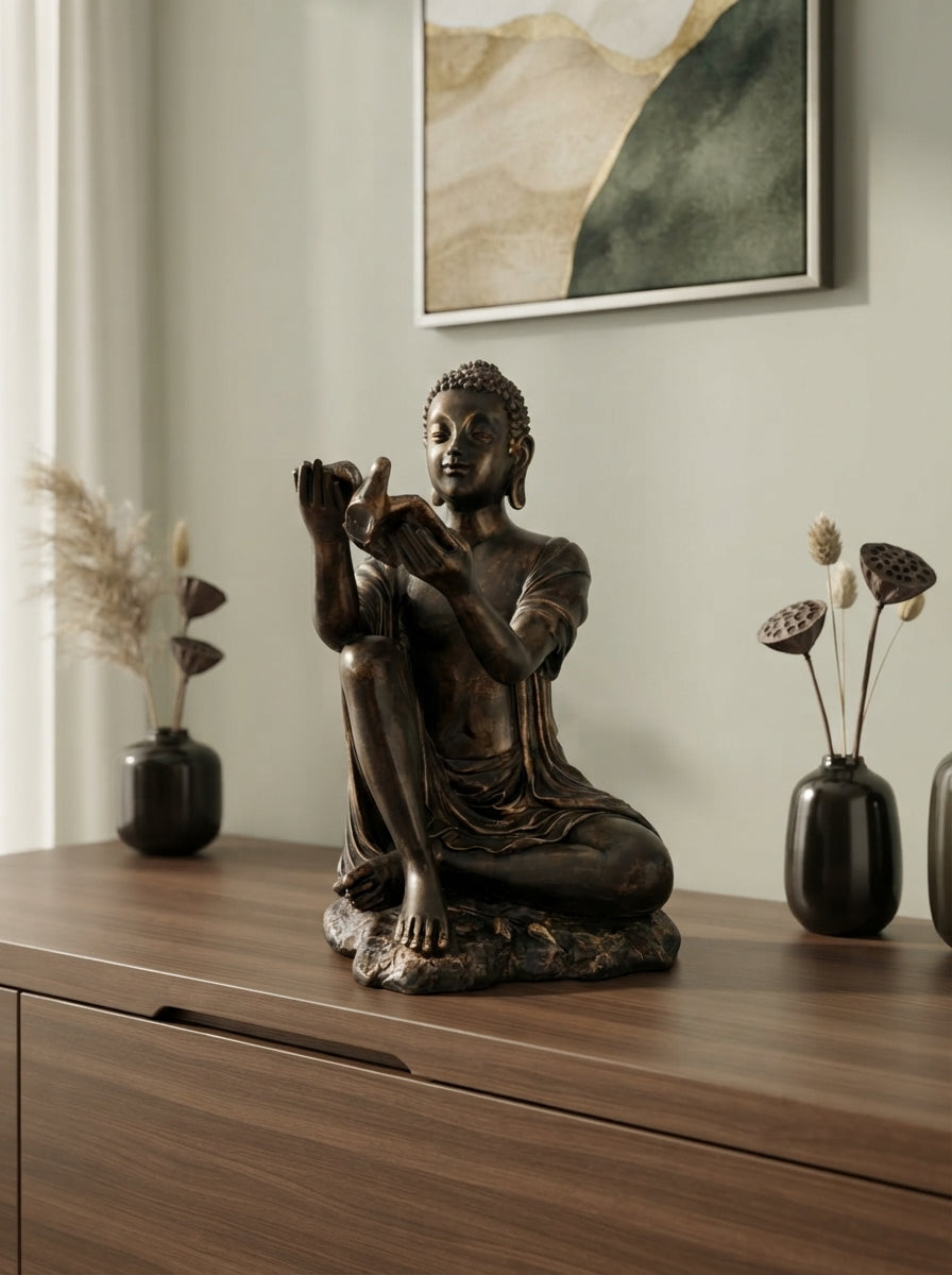 Copper, Black Gold Seated Figure with Bird Statue | Zen Decor Sculpture