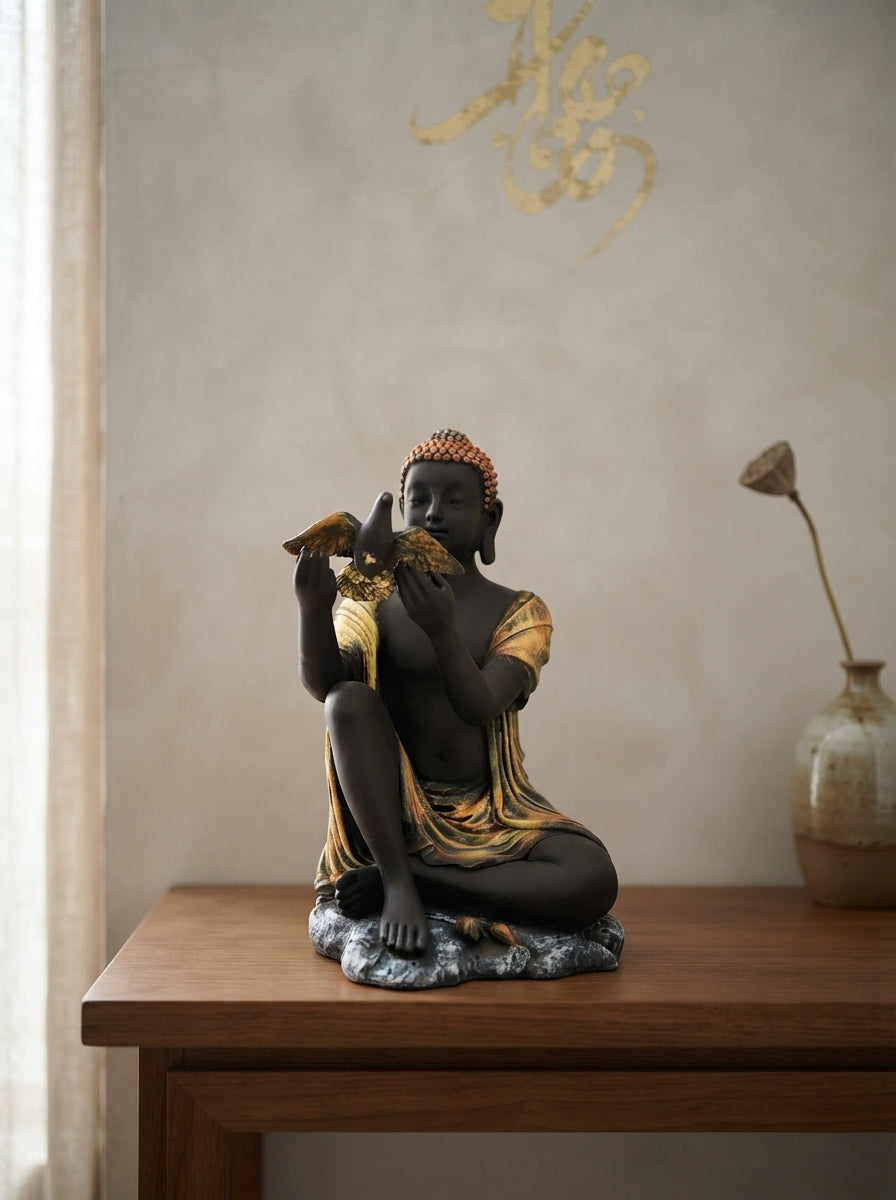 Copper, Black Gold Seated Figure with Bird Statue | Zen Decor Sculpture