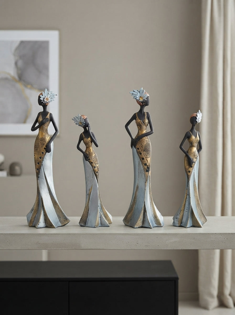 African Women Figurine Set of 4 | Black Gold Silver Statues