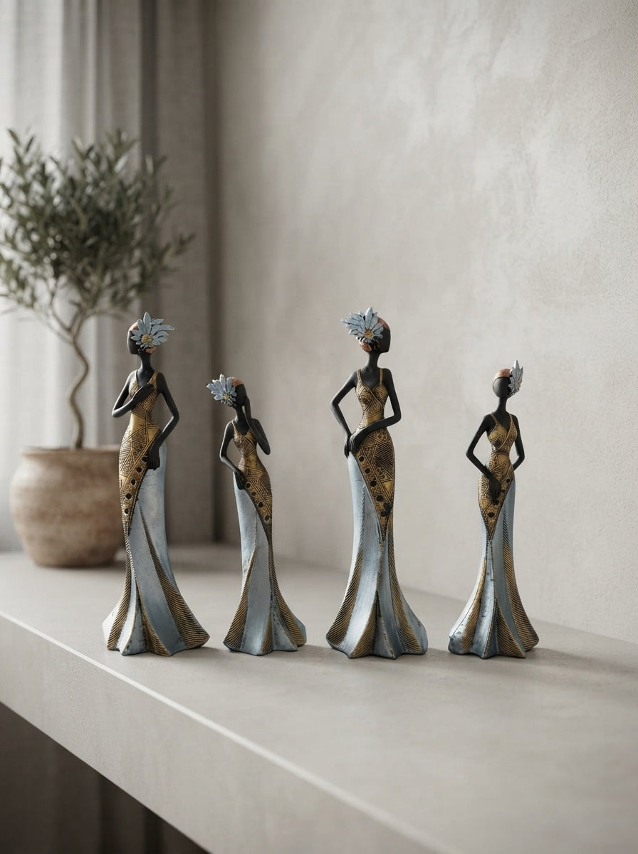 African Women Figurine Set of 4 | Black Gold Silver Statues