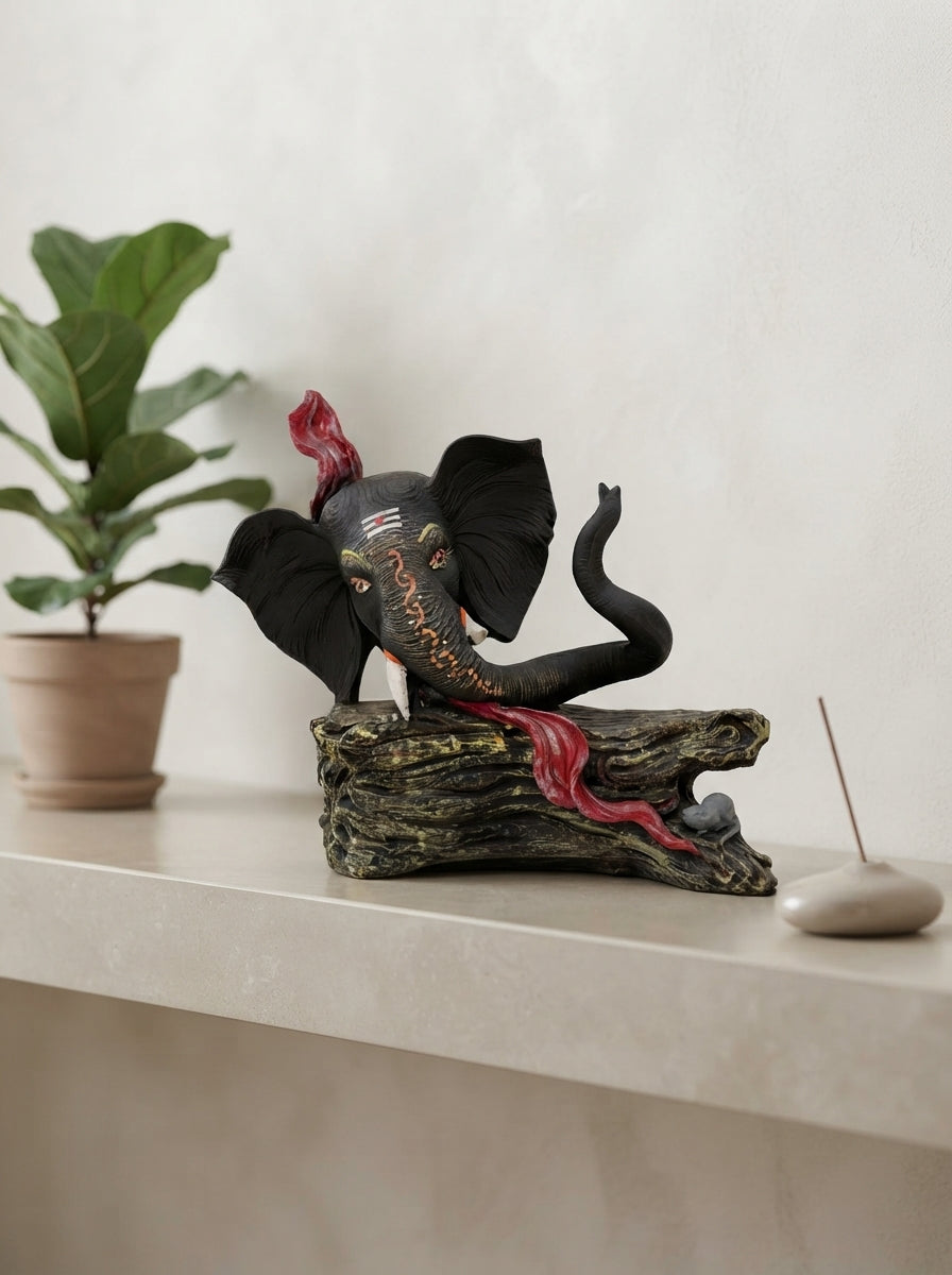 Hand-Painted Elephant Head Log Statue | Wildlife Decor
