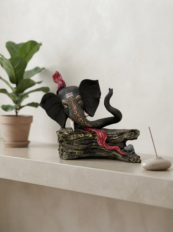 Hand-Painted Elephant Head Log Statue | Wildlife Decor