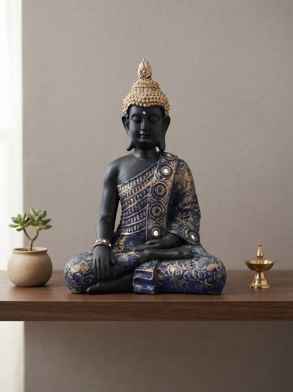 Black Blue Jeweled Buddha Statue | Meditation Decor