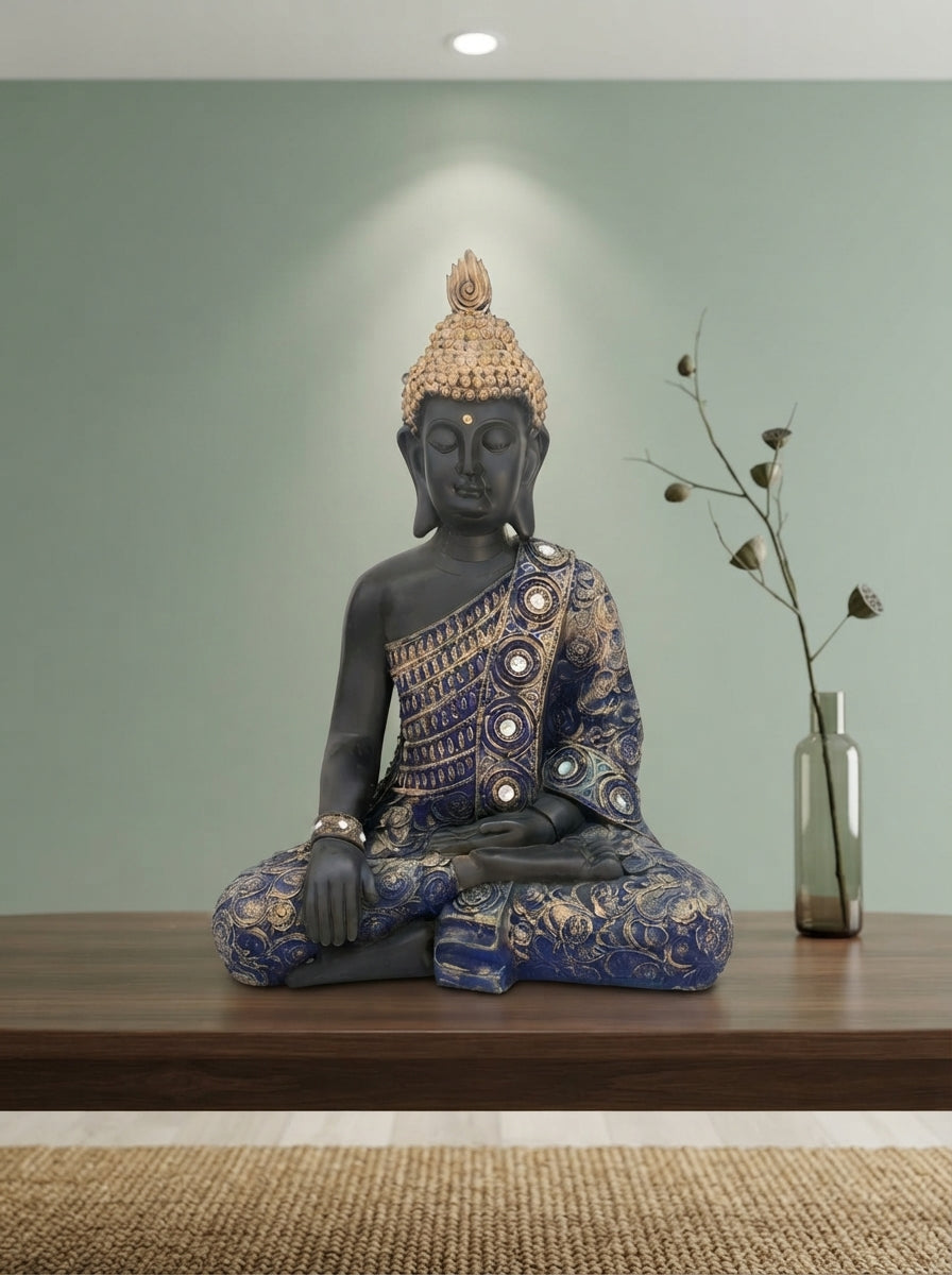 Black Blue Jeweled Buddha Statue | Meditation Decor