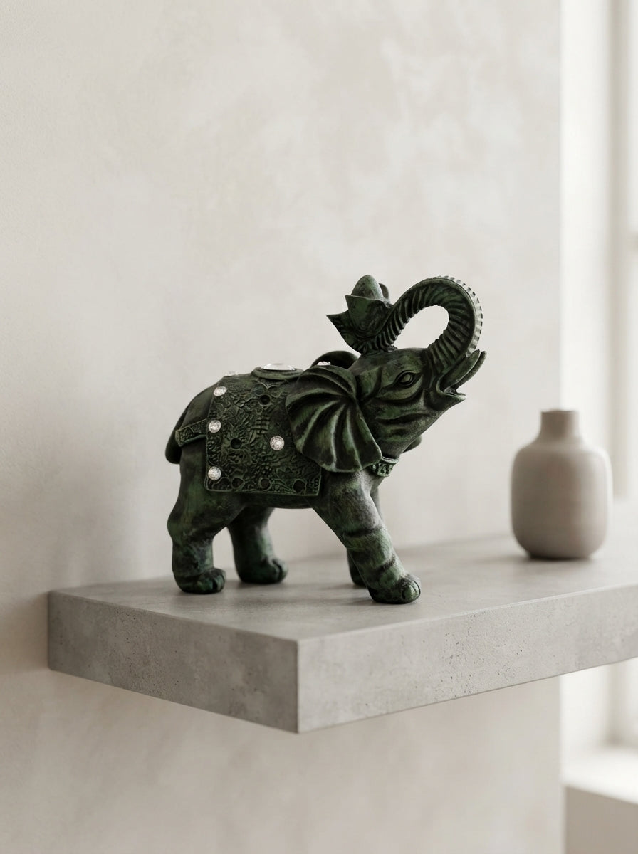 Verdigris Green Jeweled Elephant Statue | Decor