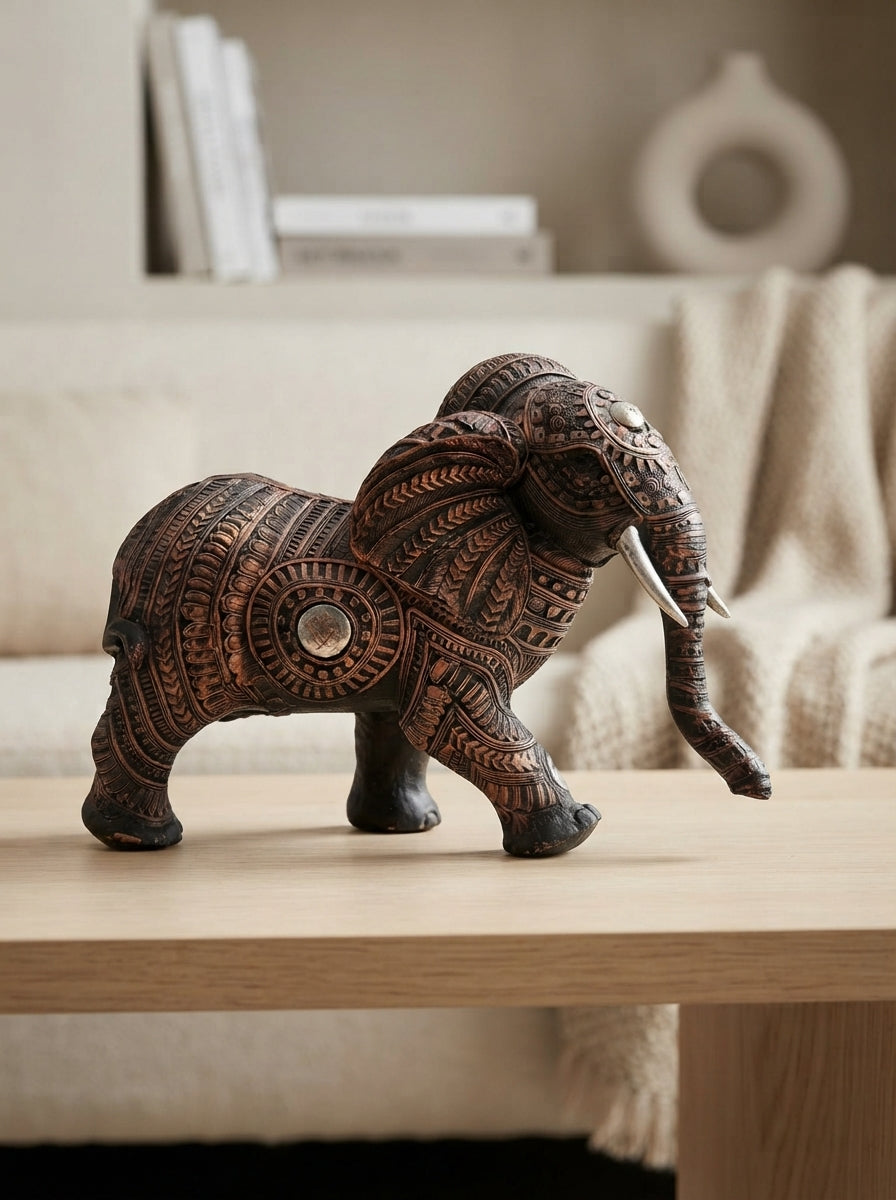 Engraved Copper Elephant Statue 11"x9"x6" | Tribal Decor