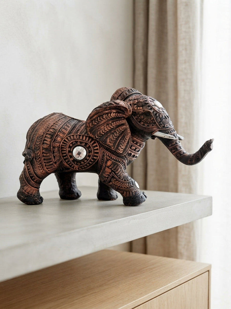 Engraved Copper Elephant Statue 13"x9"x6" | Tribal Decor