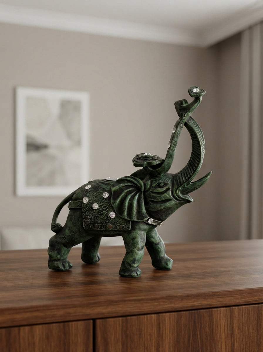 Verdigris Green Jewelled Elephant Statue 14"x11"x6" | Decor