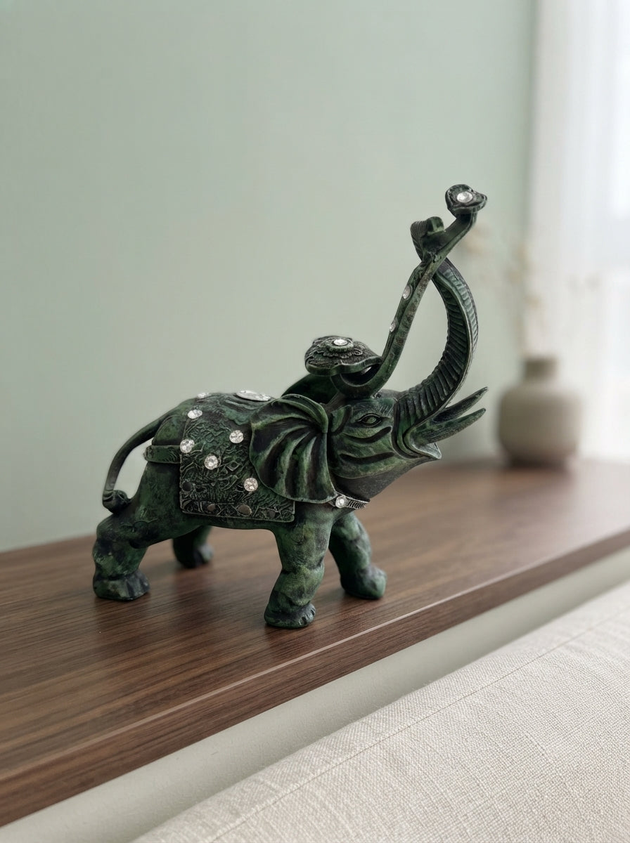Verdigris Green Jewelled Elephant Statue 14"x11"x6" | Decor