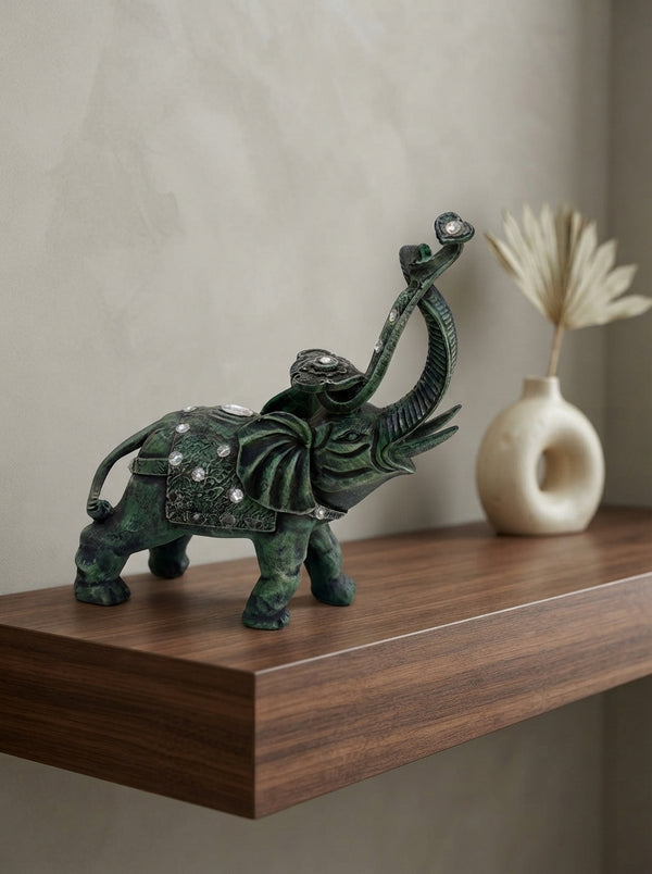 Verdigris Green Jewelled Elephant Statue 14"x11"x6" | Decor