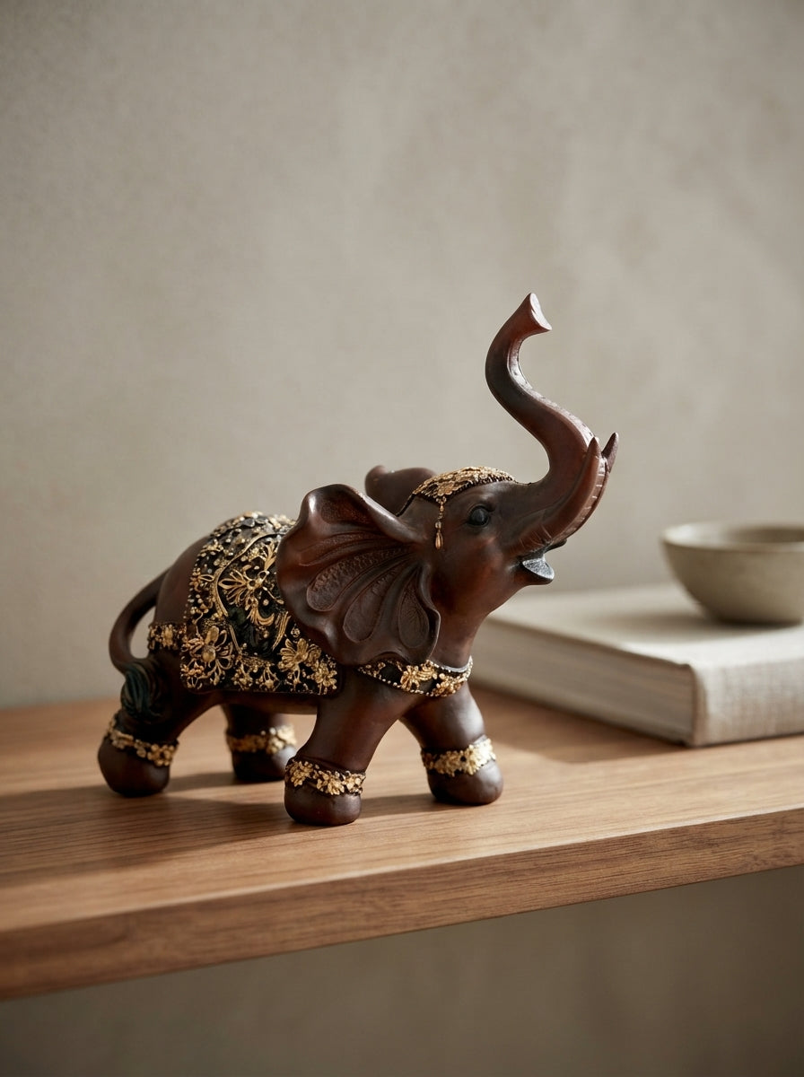 Brown Gold Floral Elephant Statue 11"x10"x6" | Lucky Decor