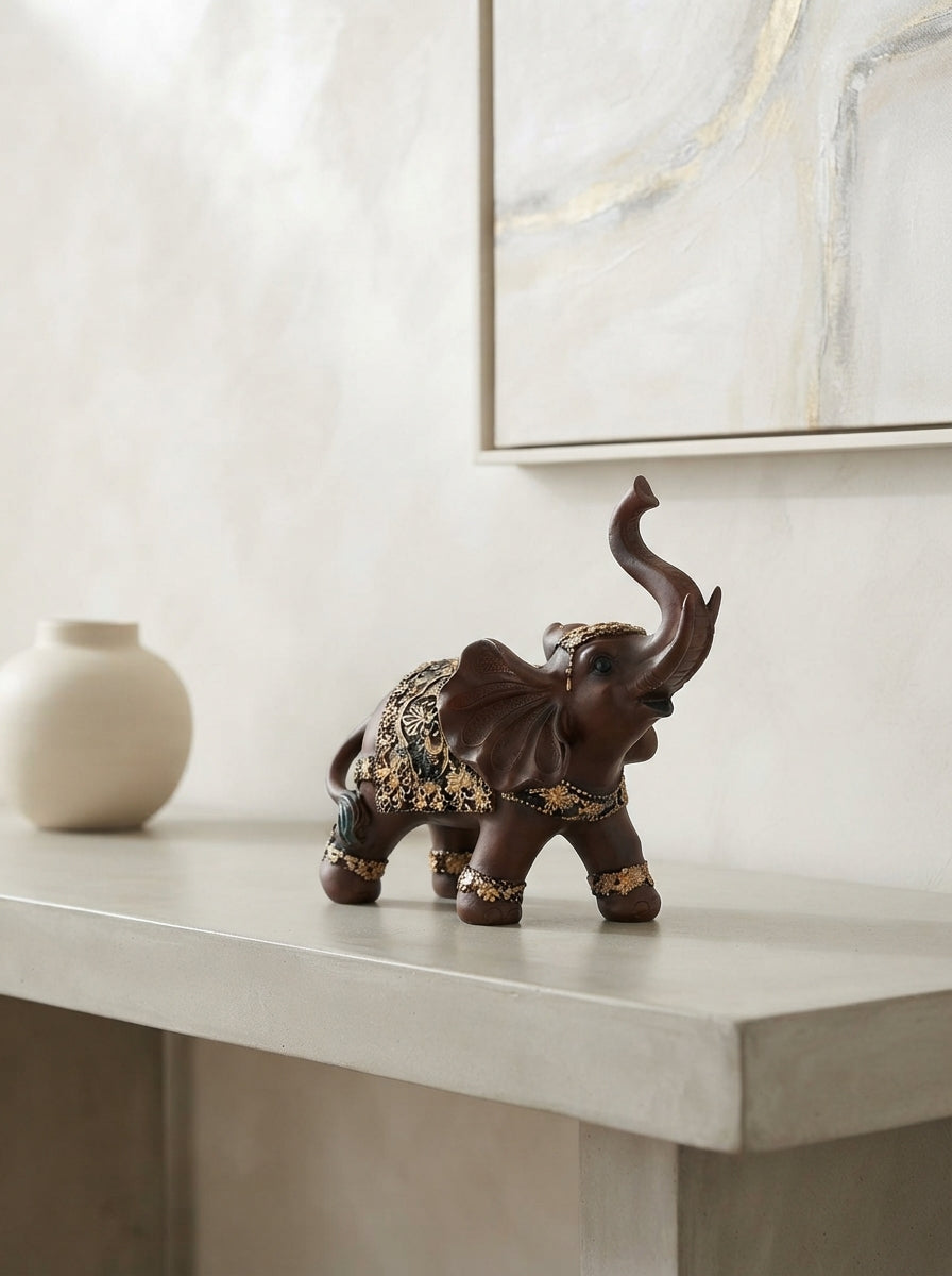 Brown Gold Floral Elephant Statue 11"x10"x6" | Lucky Decor
