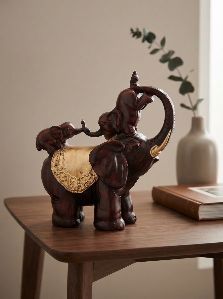 Mahogany Gold Mother Baby Elephant Statue 12"x12"x6" | Decor