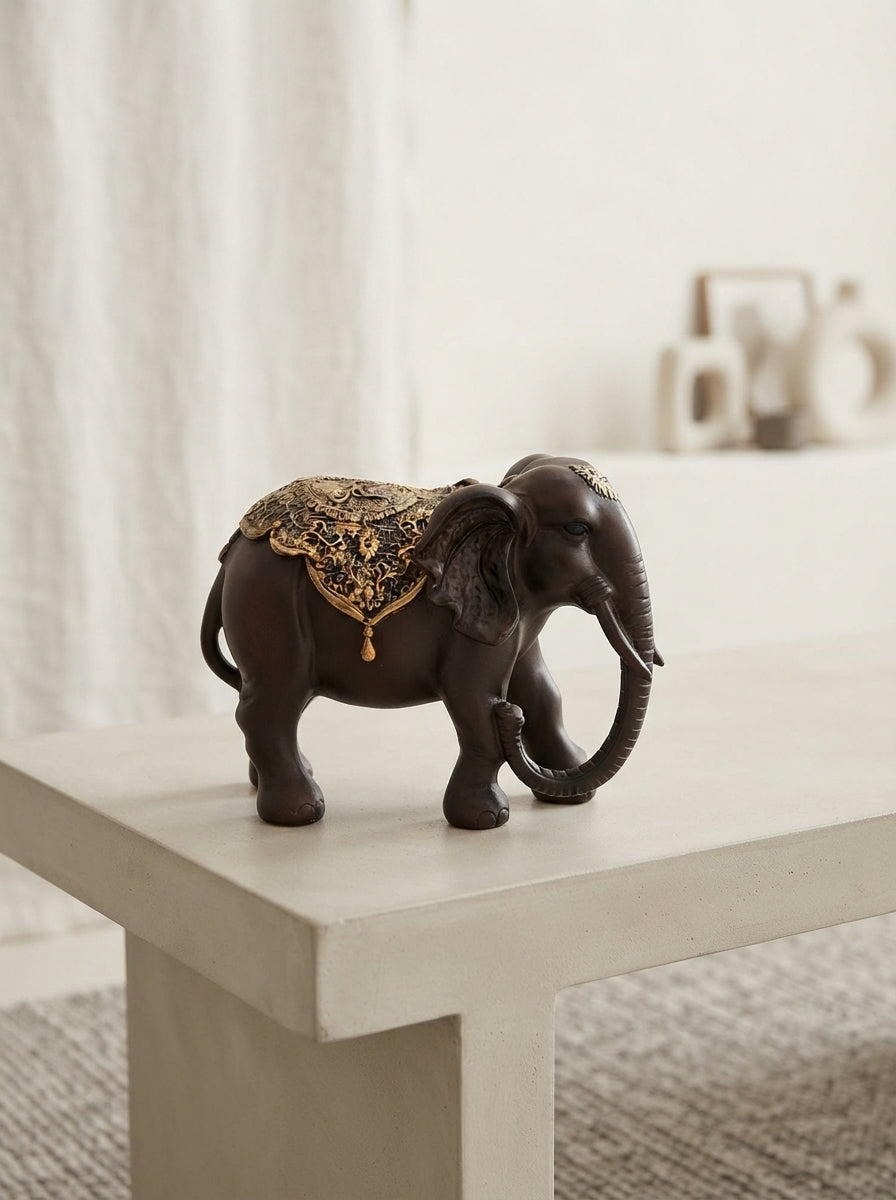 Brown Gold Embossed Elephant Statue 11"x9"x6" | Decor