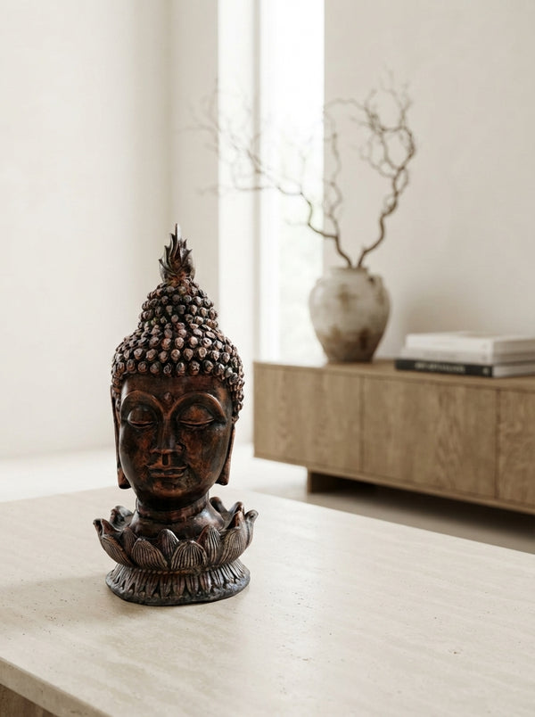 Bronze Buddha Head Lotus Statue | Zen Decor