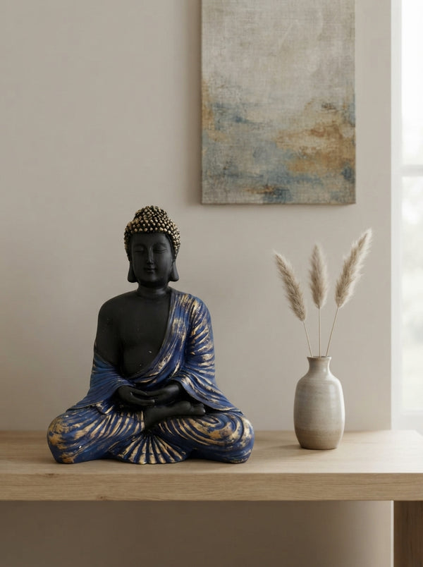 Black Blue Gold Meditation Buddha Statue | Zen Decor