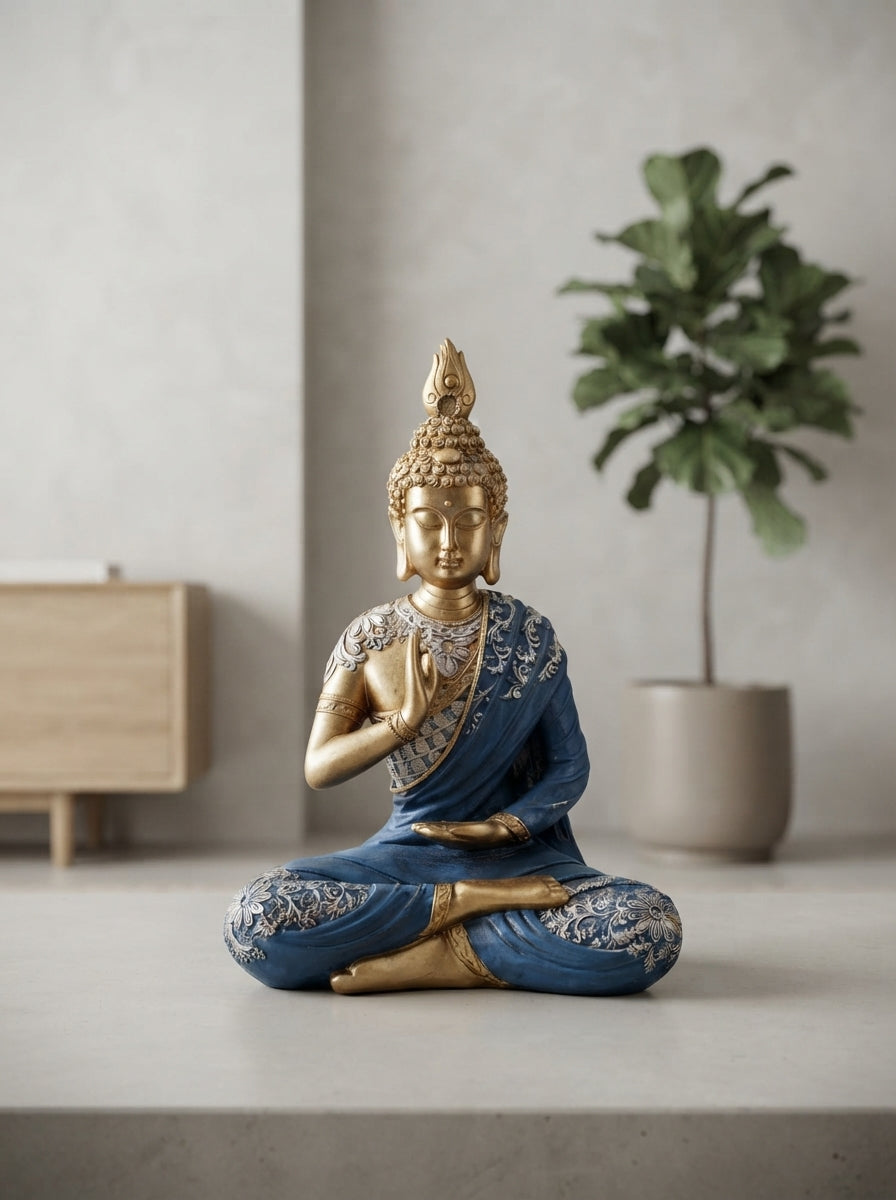 Gold Blue Blessing Buddha Statue 15” | Ornate Decor