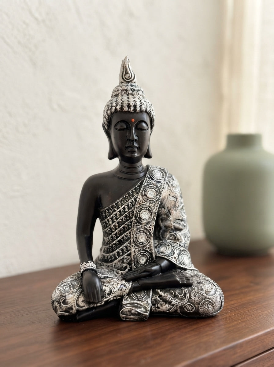 Black Silver Embossed Buddha Statue  15.5”| Zen Decor