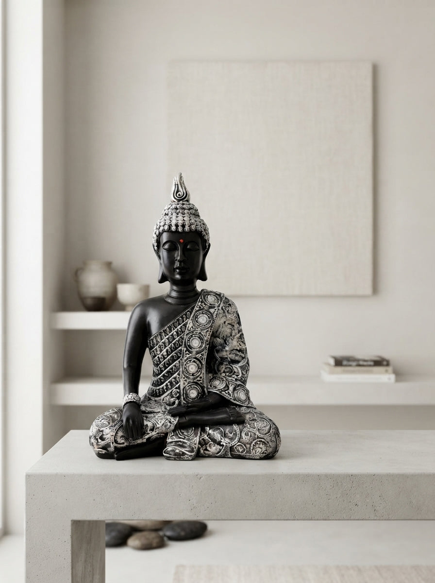 Black Silver Embossed Buddha Statue  15.5”| Zen Decor