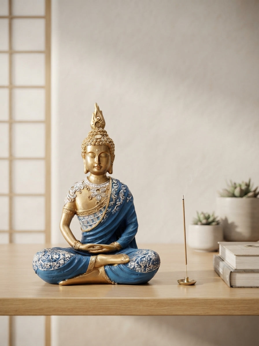 Gold Blue Meditation Buddha Statue 15" | Zen Decor