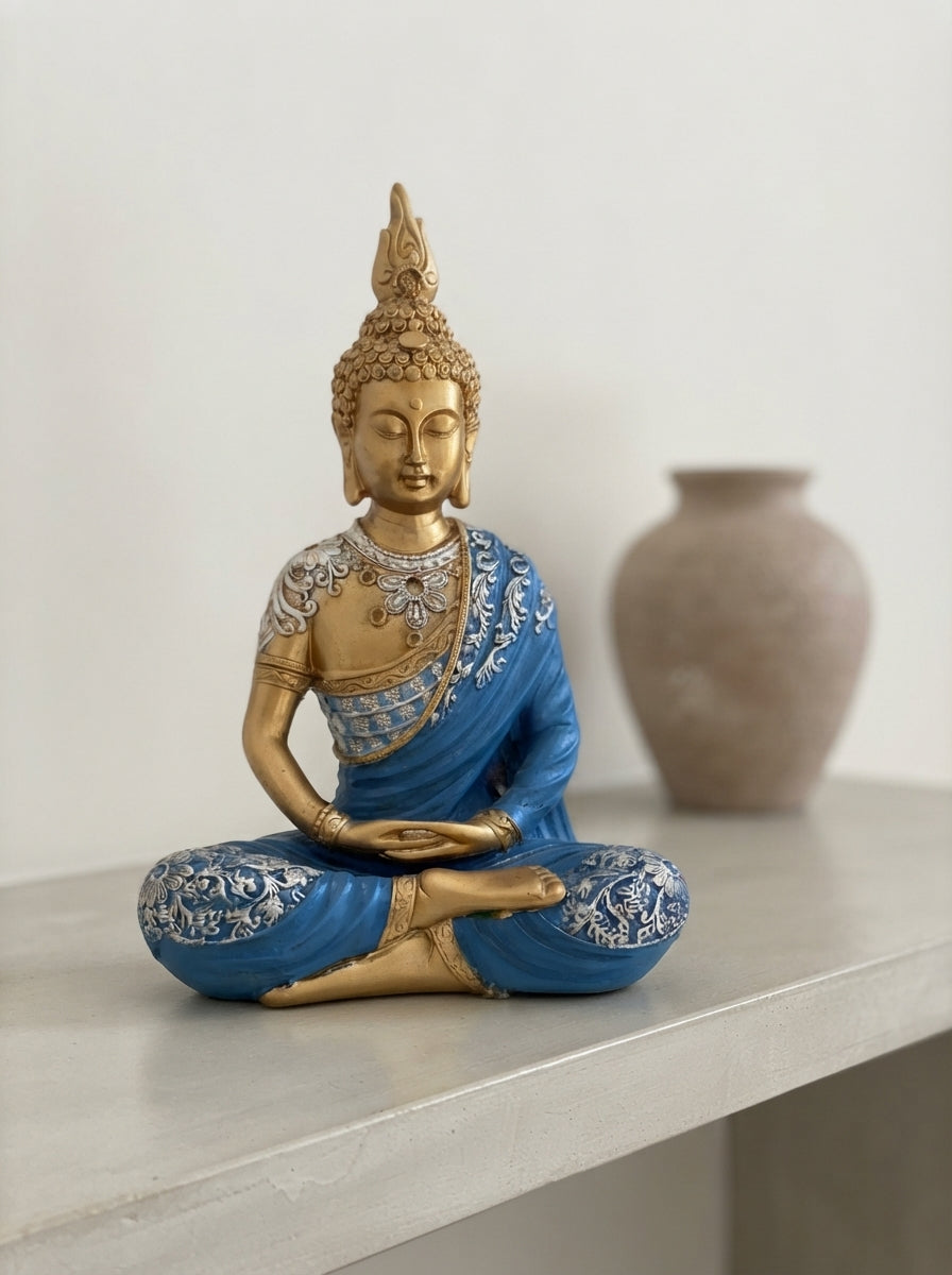 Gold Blue Meditation Buddha Statue 15" | Zen Decor