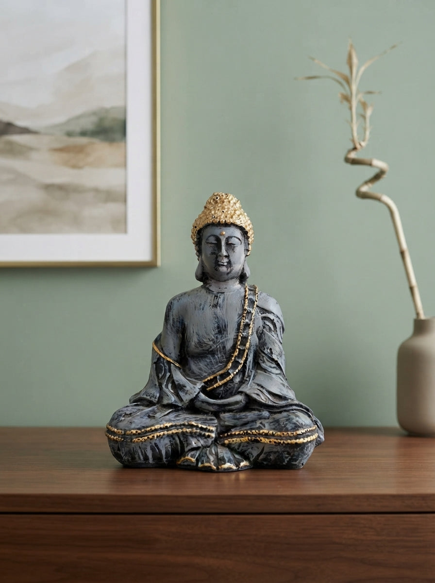 Stone Grey Gold Buddha Statue | Zen Decor