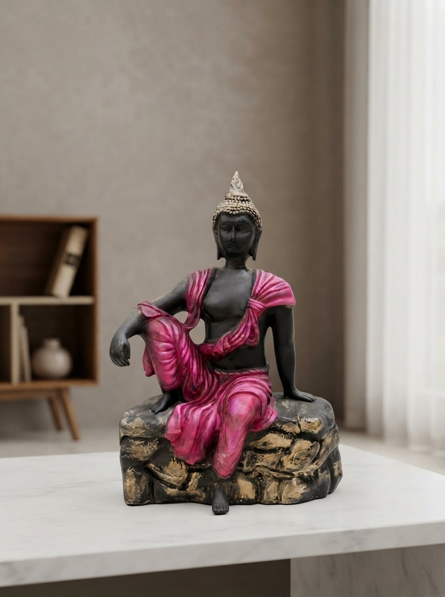 Black Magenta Relaxed Buddha Statue | Zen Decor