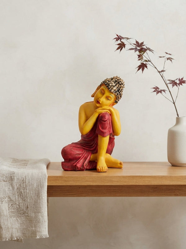 Mustard Maroon Resting Buddha Statue | Zen Decor