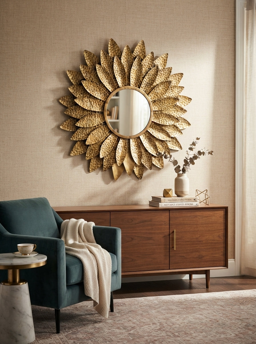 Gold Sunburst Petal Wall Mirror | Decorative Accent