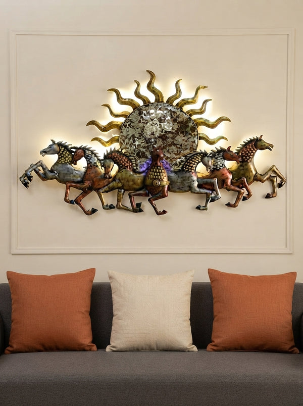 7 Horses Metal Wall Art with LED | Sun Backlit Decor